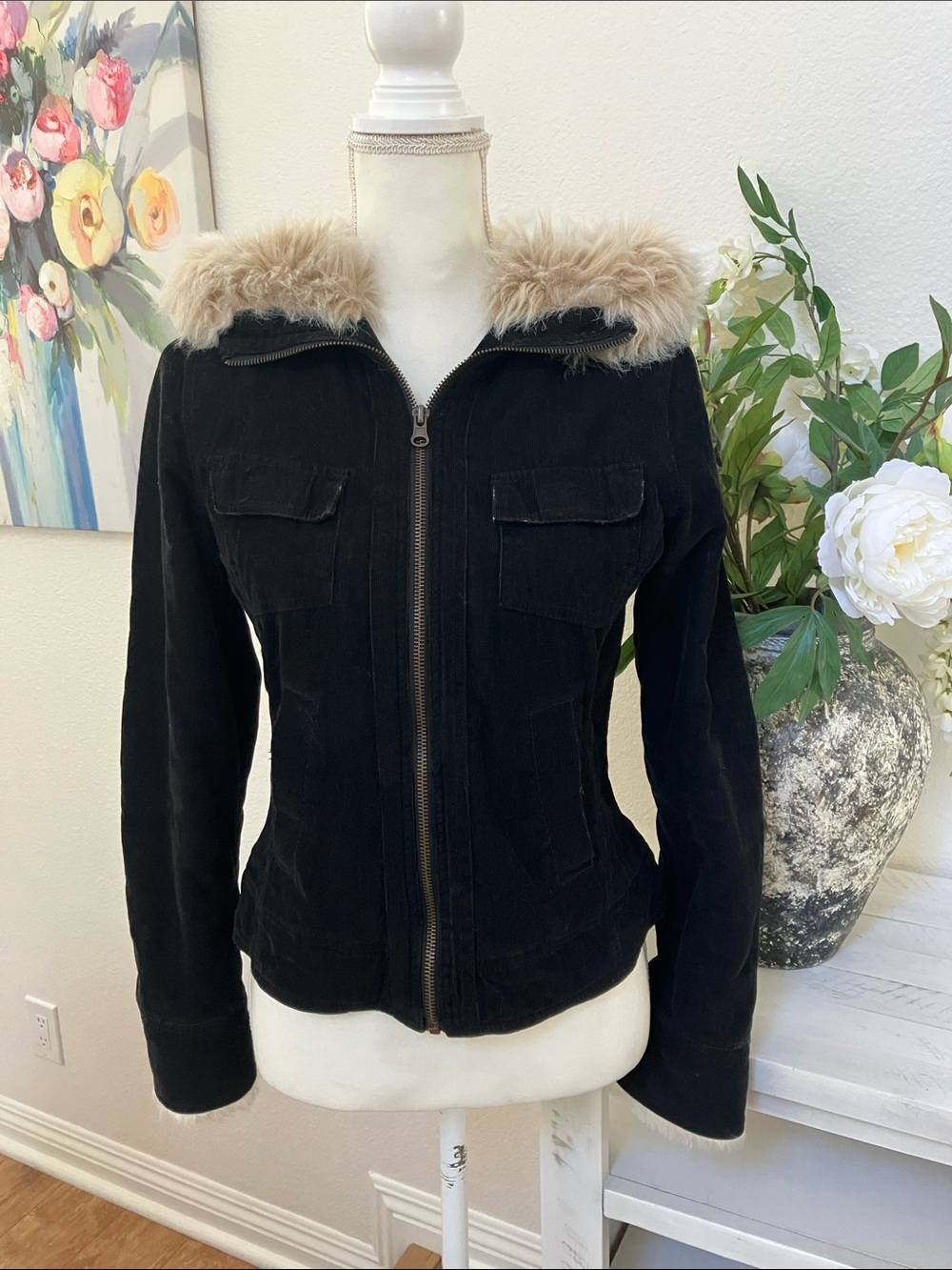 Vintage Wet Seal Black corduroy Jacket with Beige Faux Fur Hood Trim